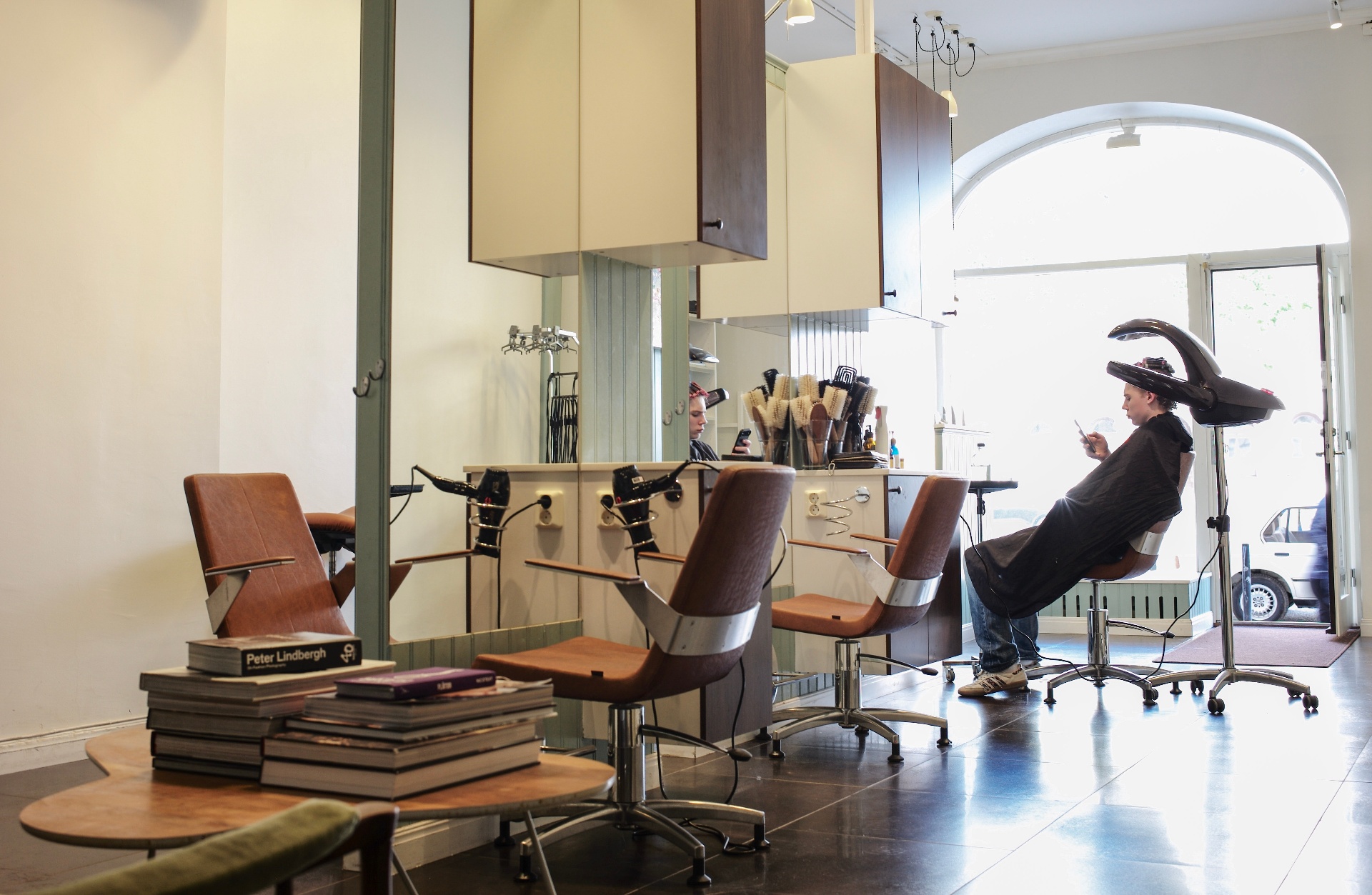 Styling stations and salon floor in natural light